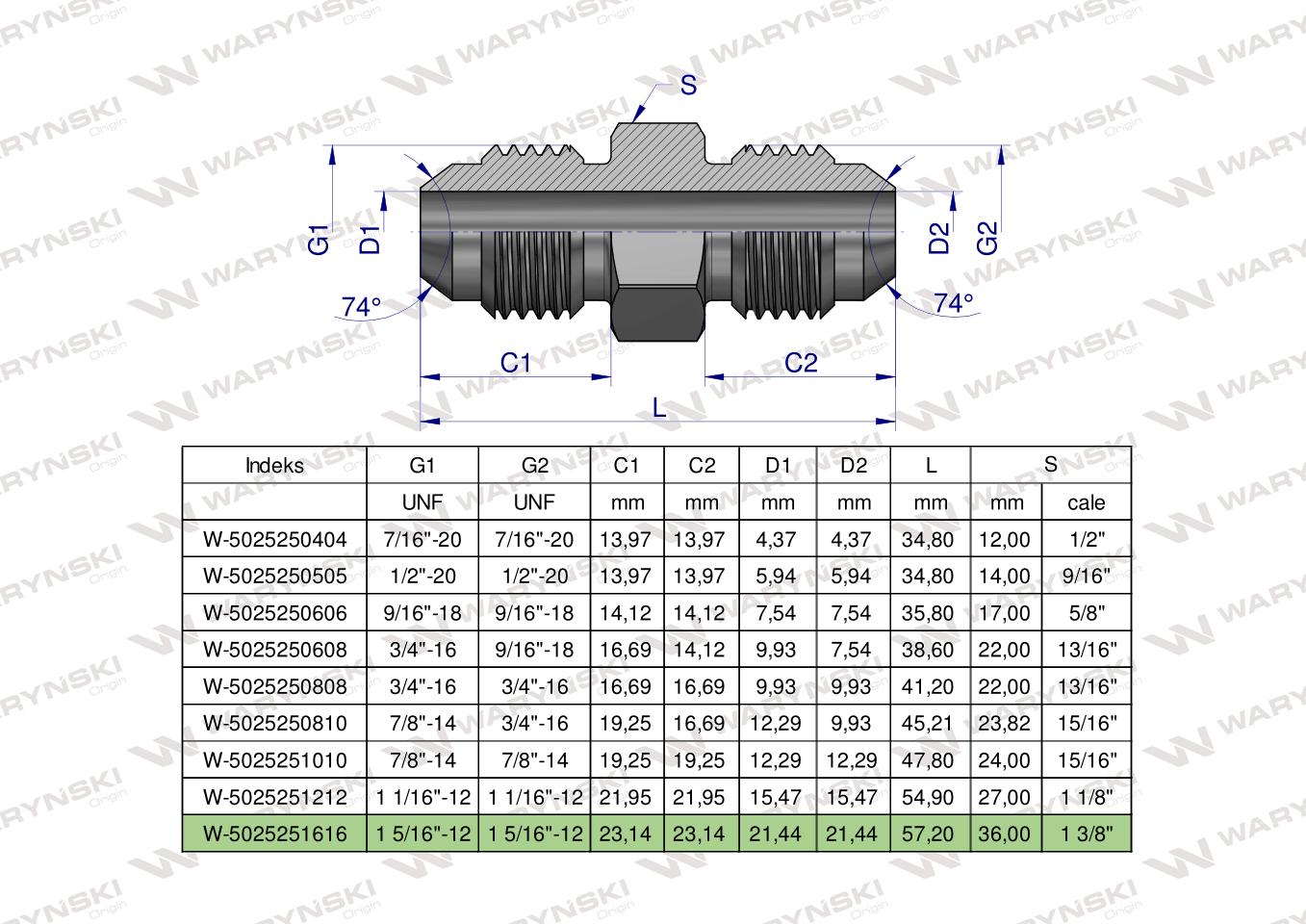 Złączka hydrauliczna calowa BB 1 5/16" UNF (JIC) Waryński