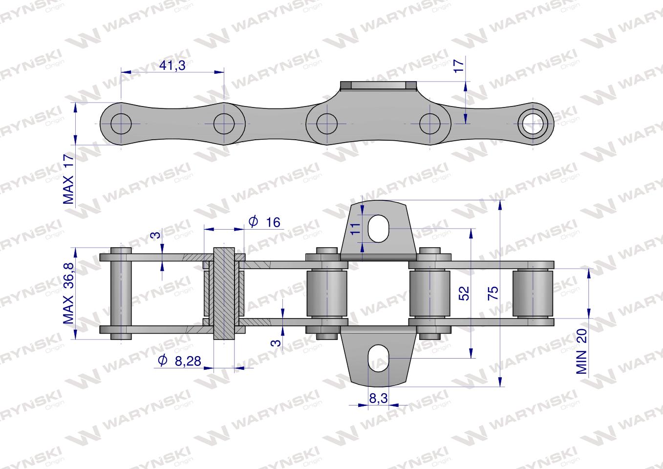 Łańcuch podajnika ziarnowego nkpl. 38 łopatek L= 6.4 mb  zastosowanie Bizon Waryński 504020023