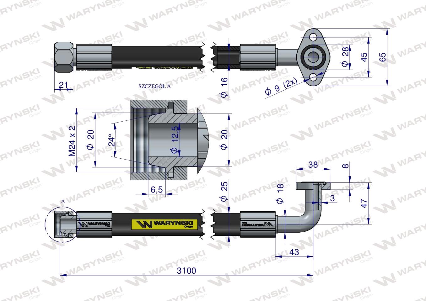 Przewód hydrauliczny 250 bar DN16-2SN kątowa 90 kryza (5050900130; 5050900050) długi do Bizon 25.0MPa Waryński
