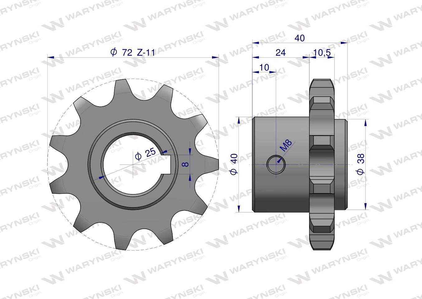 Koło łańcuchowe stalowe hartowane Z-11 3/4 fi-25 zastosowanie Bizon WARYŃSKI