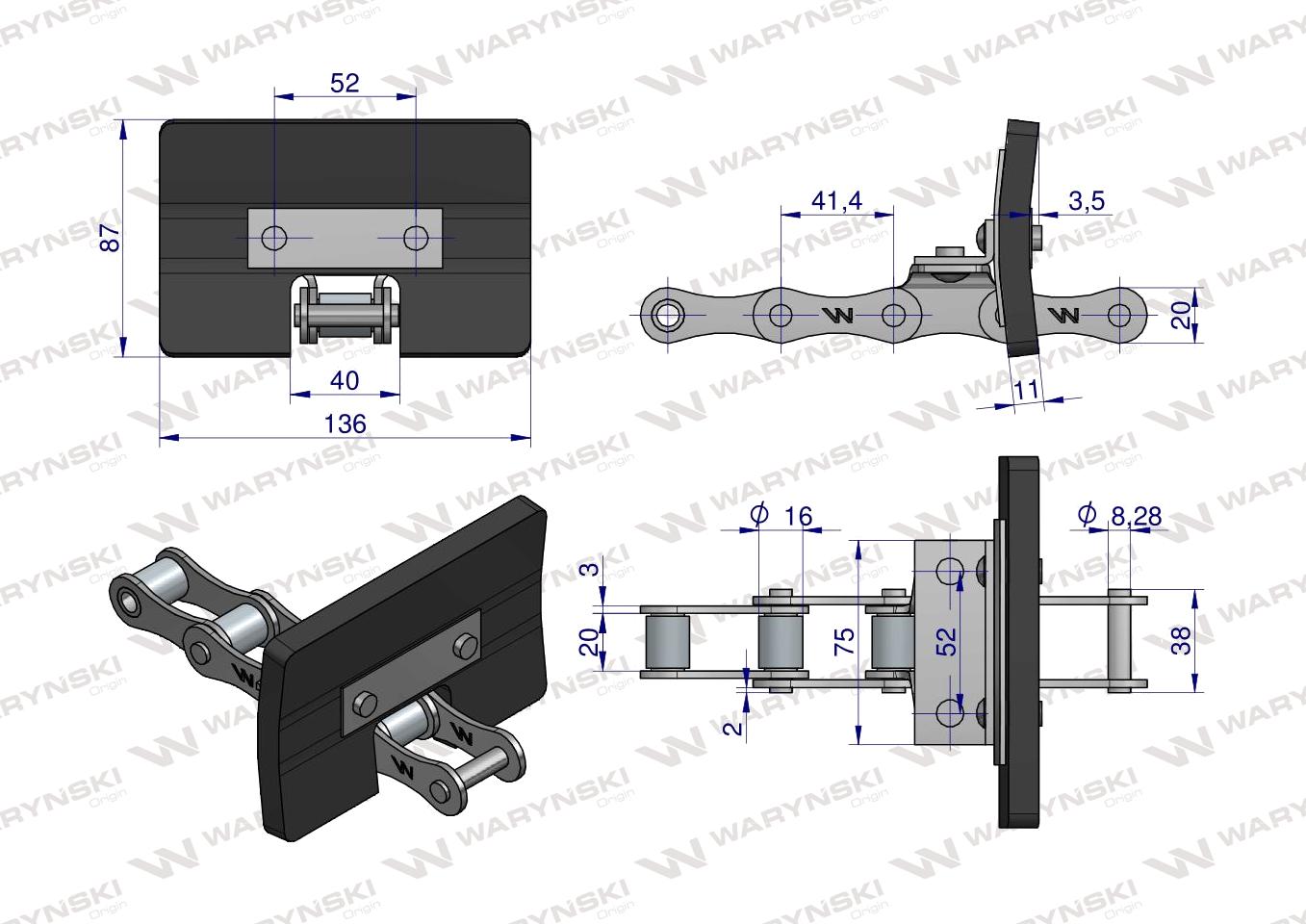 Łańcuch podajnika ziarnowego kpl. 38 łopatek 86 x 136 mm zastosowanie 5058200335 Bizon Rekord Waryński