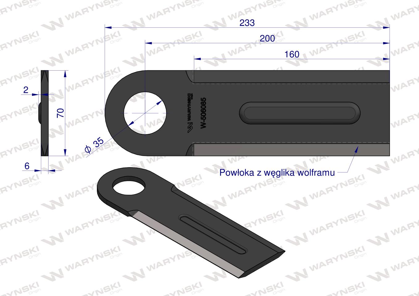 Nóż przystawki do kukurydzy napawany 230x70x6 otwór 35mm zastosowanie Geringhoff WARYŃSKI