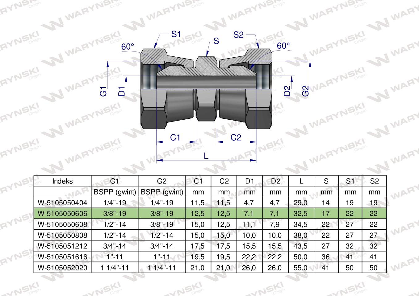 Złączka hydrauliczna calowa AA 3/8" BSP Waryński ( sprzedawane po 2 )