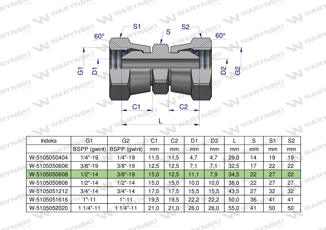 Złączka hydrauliczna redukcyjna calowa AA 3/8" x 1/2" BSP Waryński ( sprzedawane po 2 )