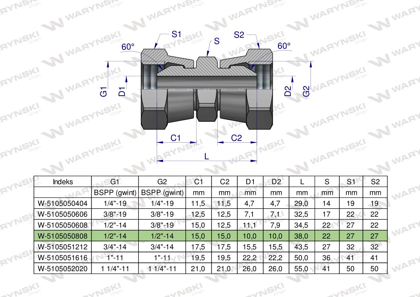 Złączka hydrauliczna calowa AA 1/2" BSP Waryński ( sprzedawane po 2 )