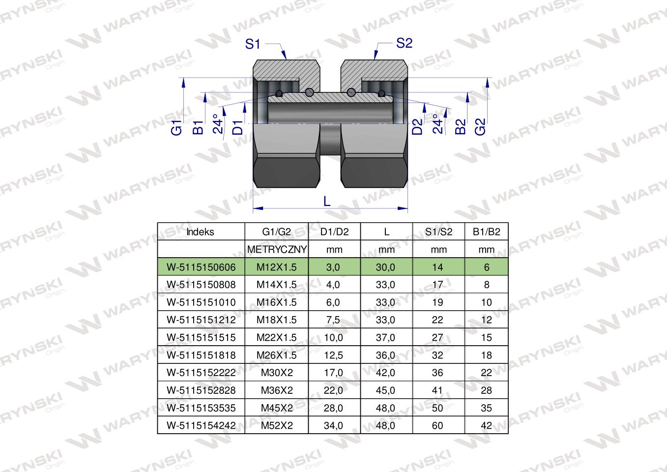 Złączka hydrauliczna metryczna AA M12x1.5 06L Waryński ( sprzedawane po 5 )