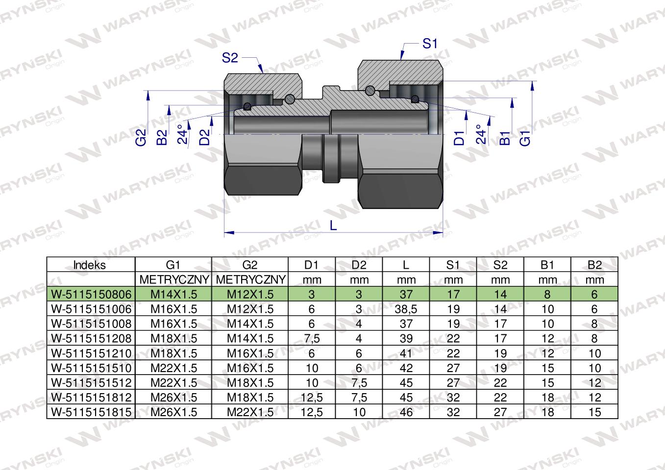 Złączka hydrauliczna metryczna AA M14x1.5 08L x M12x1.5 06L Waryński ( sprzedawane po 2 )