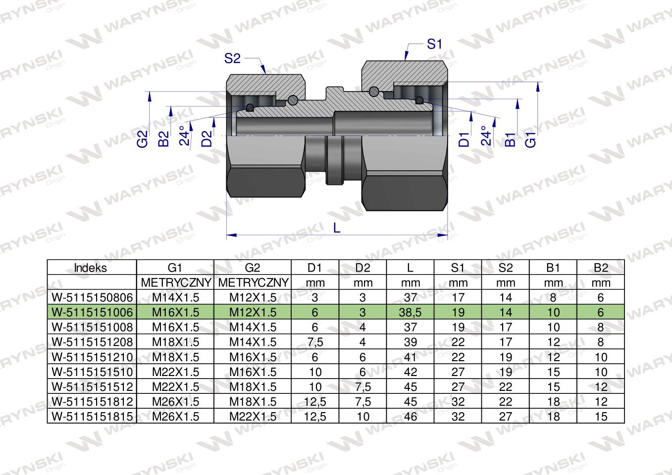 Złączka hydrauliczna metryczna AA M16x1.5 10L x M12x1.5 06L Waryński ( sprzedawane po 2 )