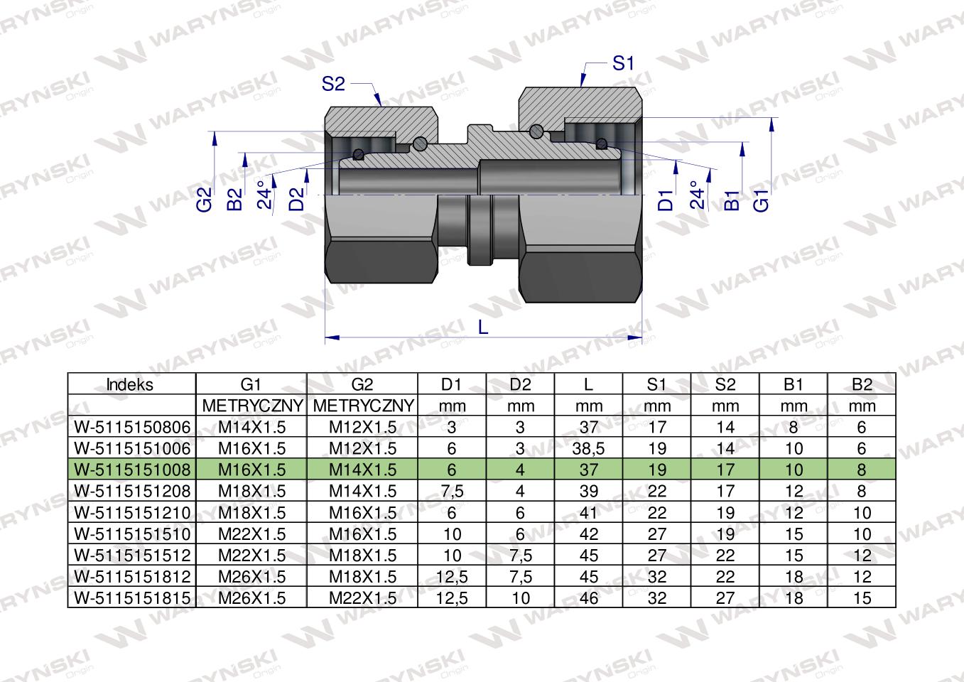 Złączka hydrauliczna metryczna AA M16x1.5 10L x M14x1.5 08L Waryński ( sprzedawane po 2 )