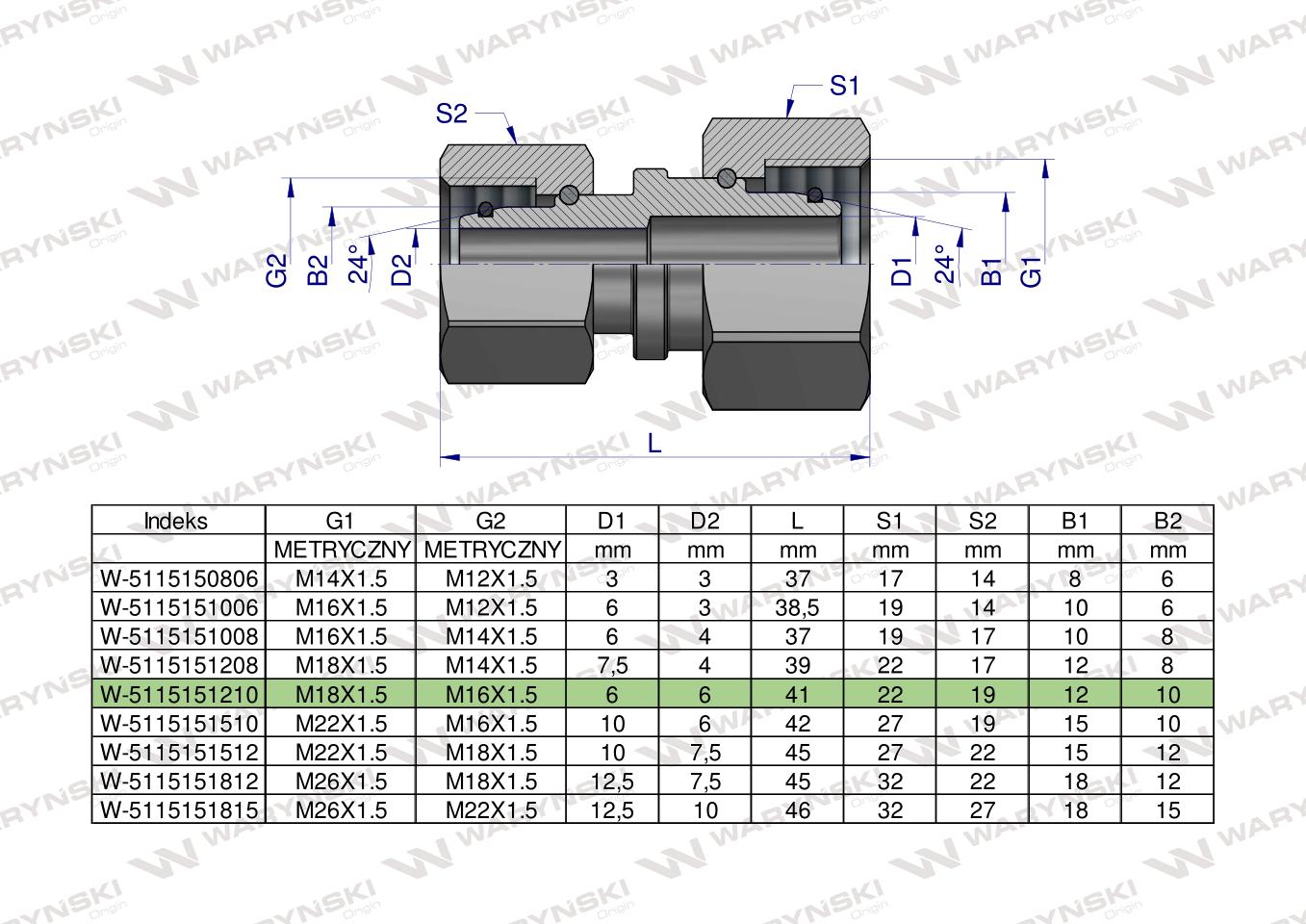 Złączka hydrauliczna metryczna AA M18x1.5 12L x M16x1.5 10L Waryński ( sprzedawane po 5 )