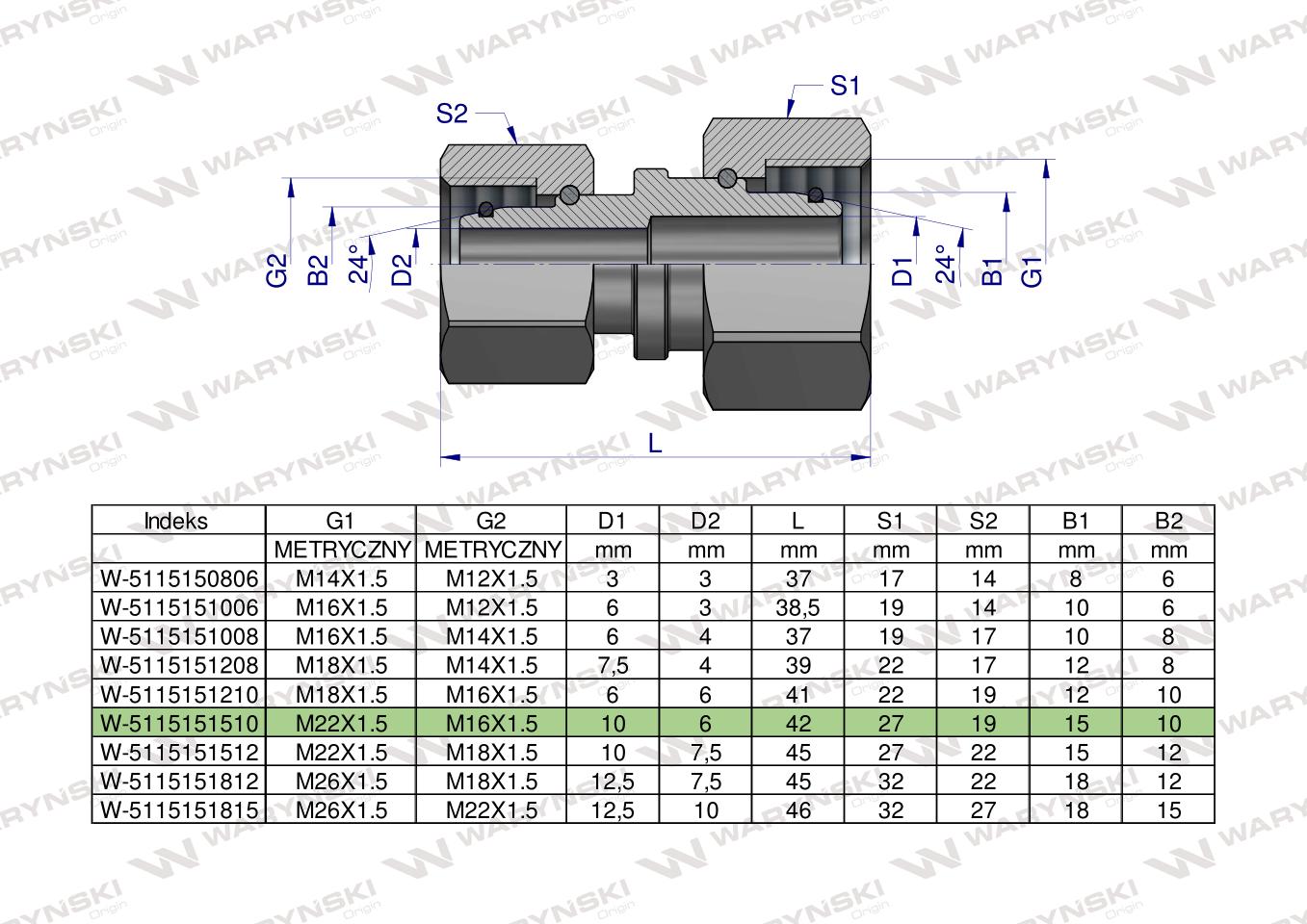 Złączka hydrauliczna metryczna AA M22x1.5 15L x M16x1.5 10L Waryński ( sprzedawane po 5 )