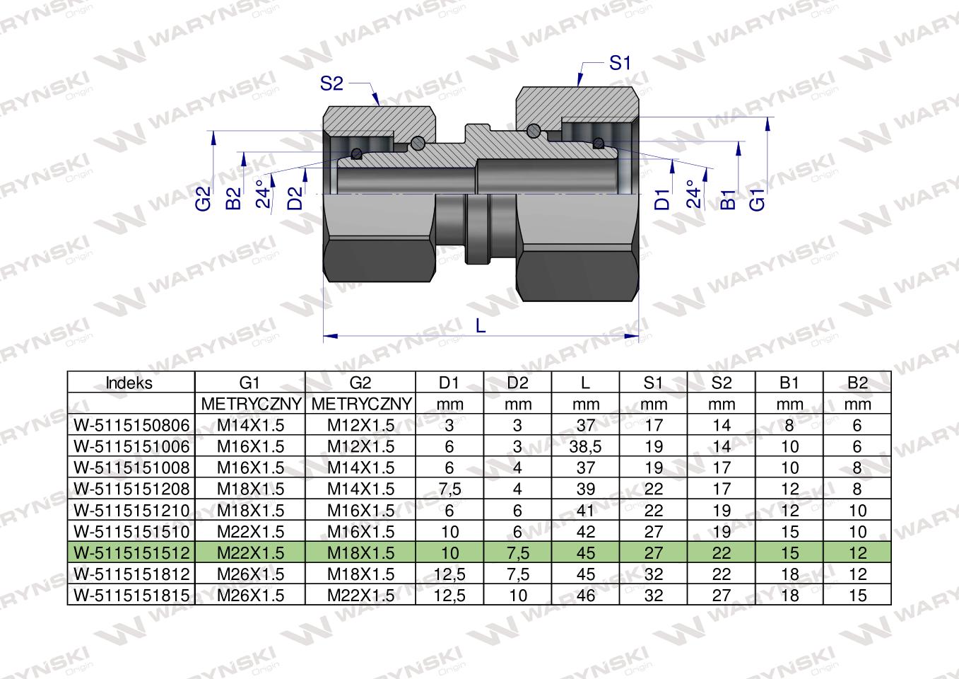 Złączka hydrauliczna metryczna AA M22x1.5 15L x M18x1.5 12L Waryński ( sprzedawane po 5 )