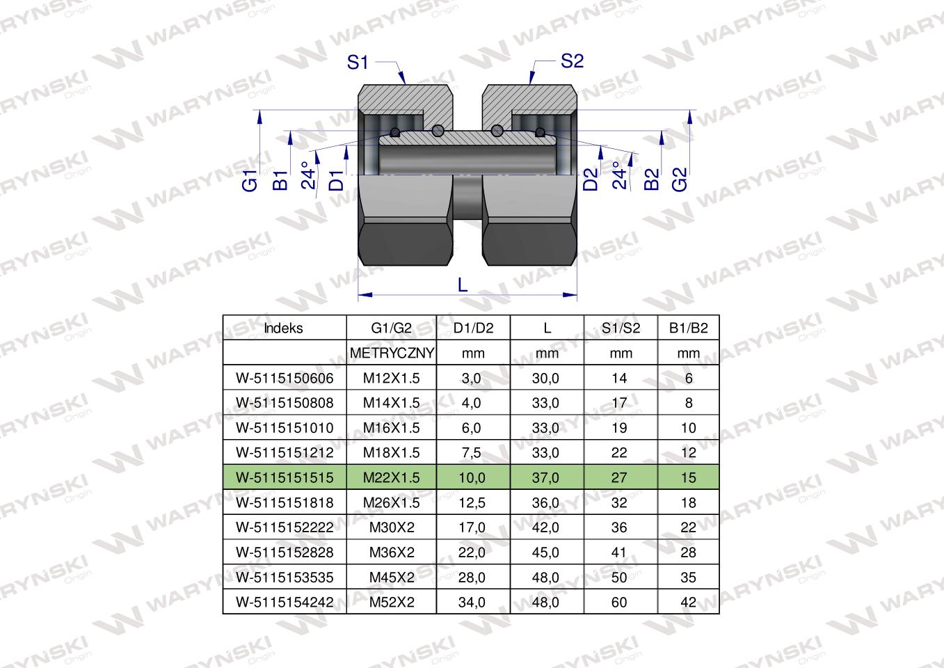 Złączka hydrauliczna metryczna AA M22x1.5 15L Waryński ( sprzedawane po 5 )
