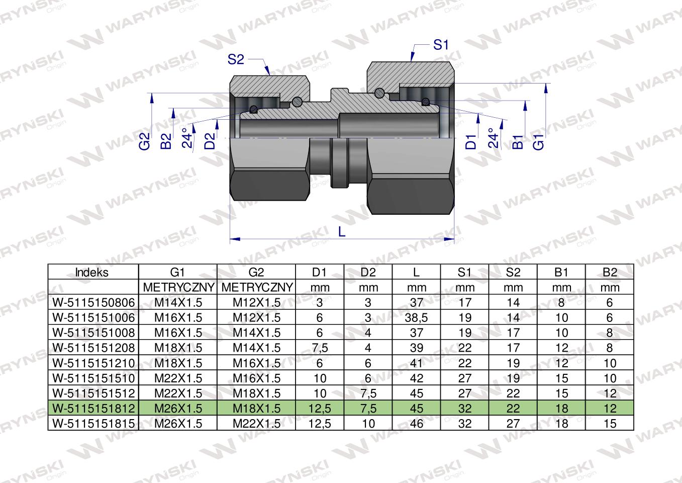 Złączka hydrauliczna metryczna AA M26x1.5 18L x M18x1.5 12L Waryński