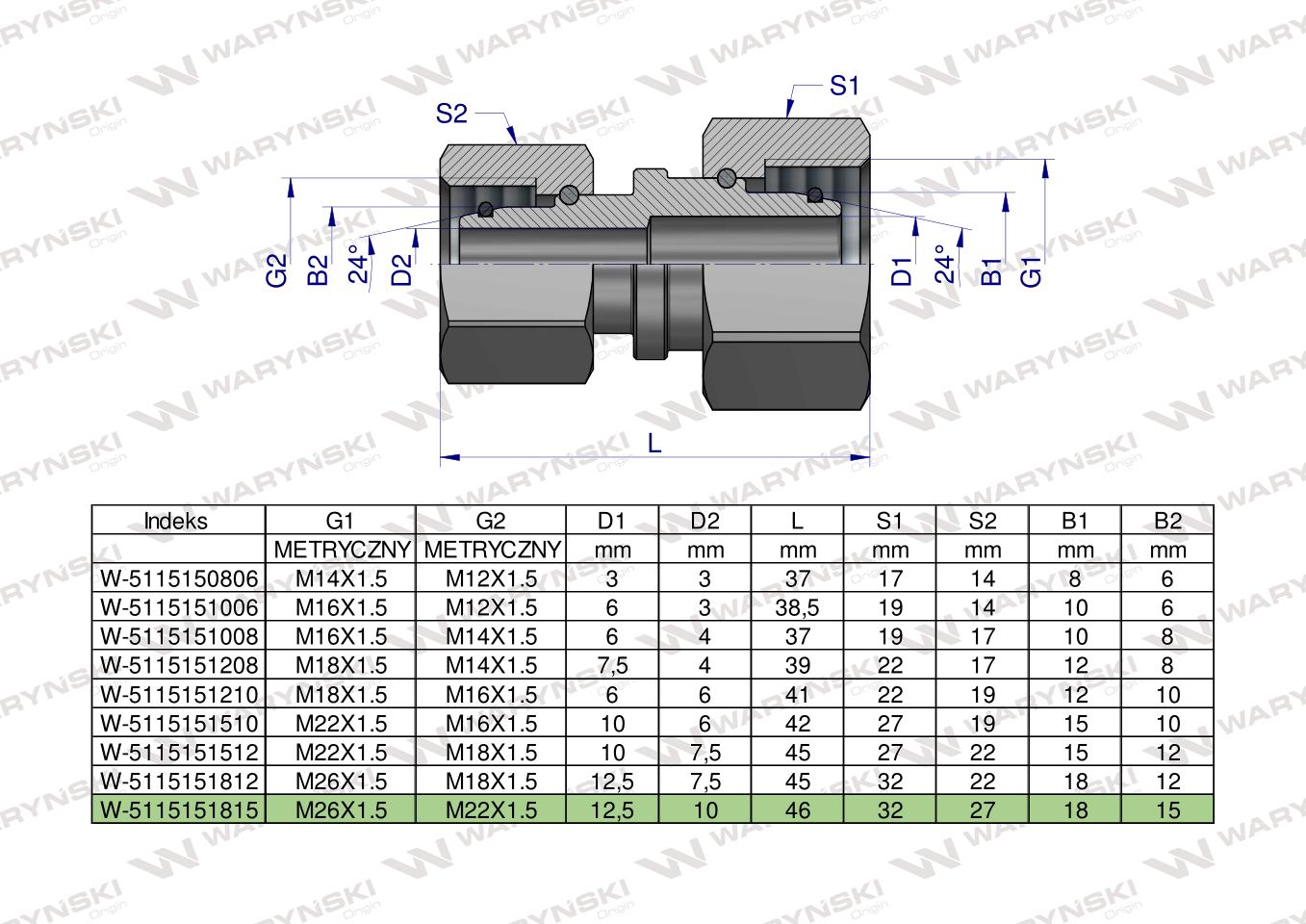 Złączka hydrauliczna metryczna AA M26x1.5 18L x M22x1.5 15L Waryński