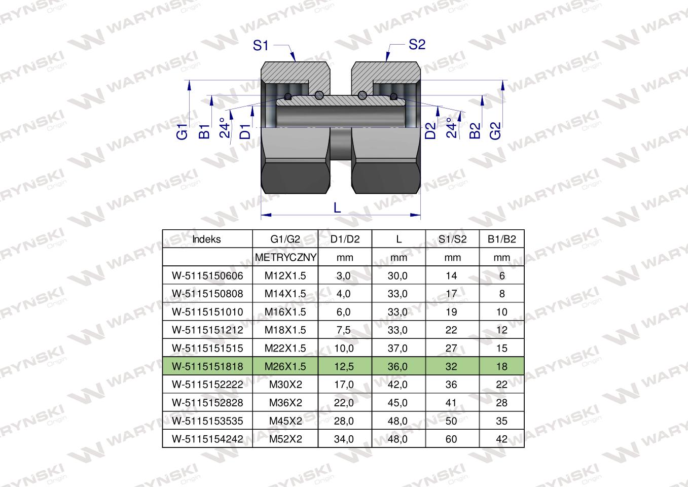 Złączka hydrauliczna metryczna AA M26x1.5 18L Waryński