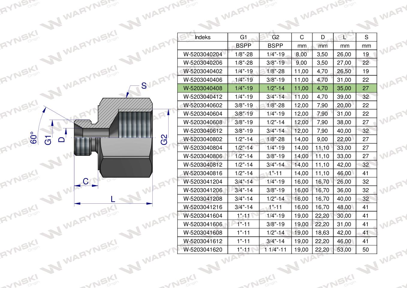 Tulejka różnicowa hydrauliczna calowa AB 1/4"GZ x 1/2"GW BSP Waryński ( sprzedawane po 2 )