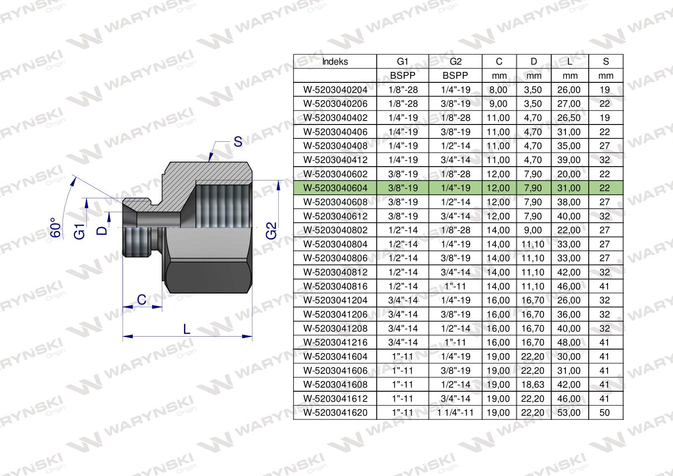Tulejka różnicowa hydrauliczna calowa AB 3/8"GZ x 1/4"GW BSP Waryński ( sprzedawane po 2 )