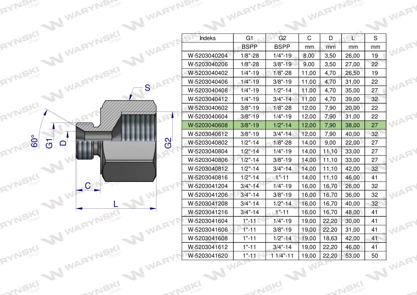 Tulejka różnicowa hydrauliczna calowa AB 3/8"GZ x 1/2"GW BSP Waryński ( sprzedawane po 2 )