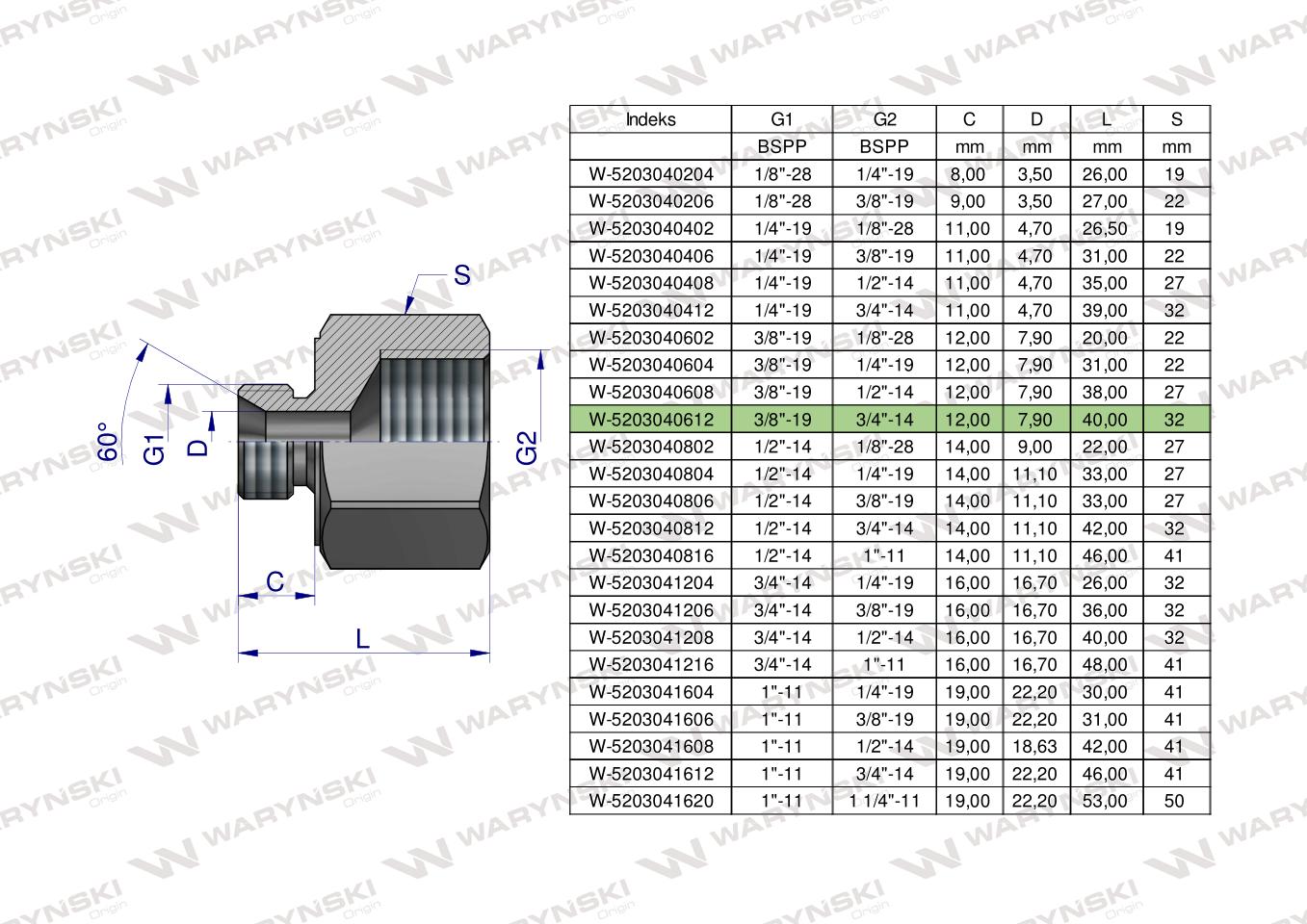 Tulejka różnicowa hydrauliczna calowa AB 3/8"GZ x 3/4"GW BSP Waryński ( sprzedawane po 2 )