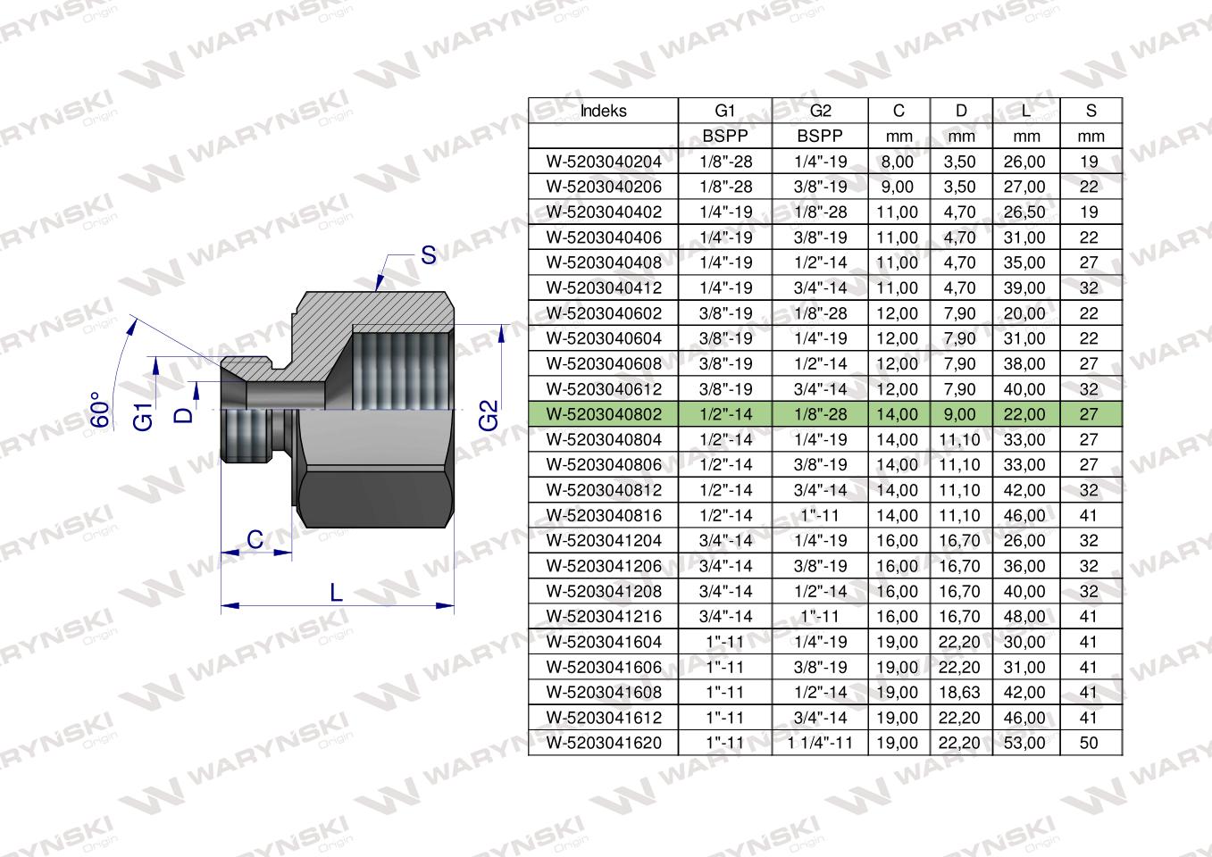 Tulejka różnicowa hydrauliczna calowa AB 1/2"GZ x 1/8"GW BSP Waryński ( sprzedawane po 2 )