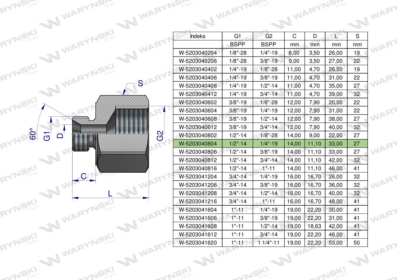 Tulejka różnicowa hydrauliczna calowa AB 1/2"GZ x 1/4"GW BSP Waryński ( sprzedawane po 2 )