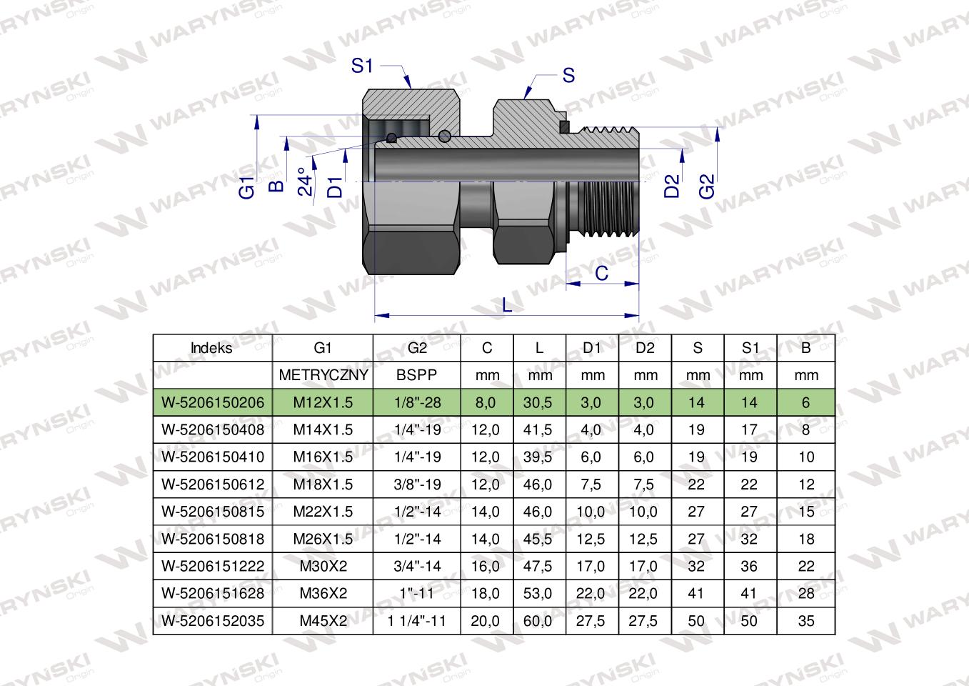 Przyłączka hydrauliczna AB (EVGE) M12x1.5 06L x 1/8" BSP ED Waryński ( sprzedawane po 2 )