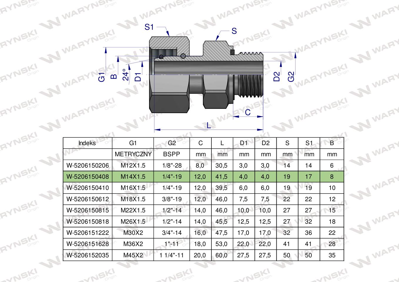 Przyłączka hydrauliczna AB (EVGE) M14x1.5 08L x 1/4" BSP ED Waryński ( sprzedawane po 2 )
