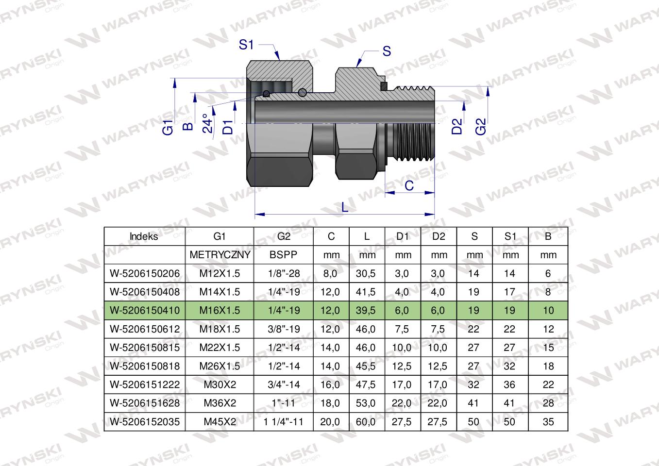 Przyłączka hydrauliczna AB (EVGE) M16x1.5 10L x 1/4" BSP ED Waryński ( sprzedawane po 2 )