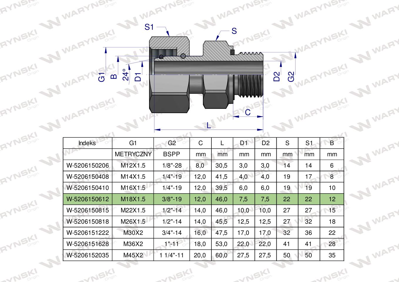 Przyłączka hydrauliczna AB (EVGE) M18x1.5 12L x 3/8" BSP ED Waryński ( sprzedawane po 2 )