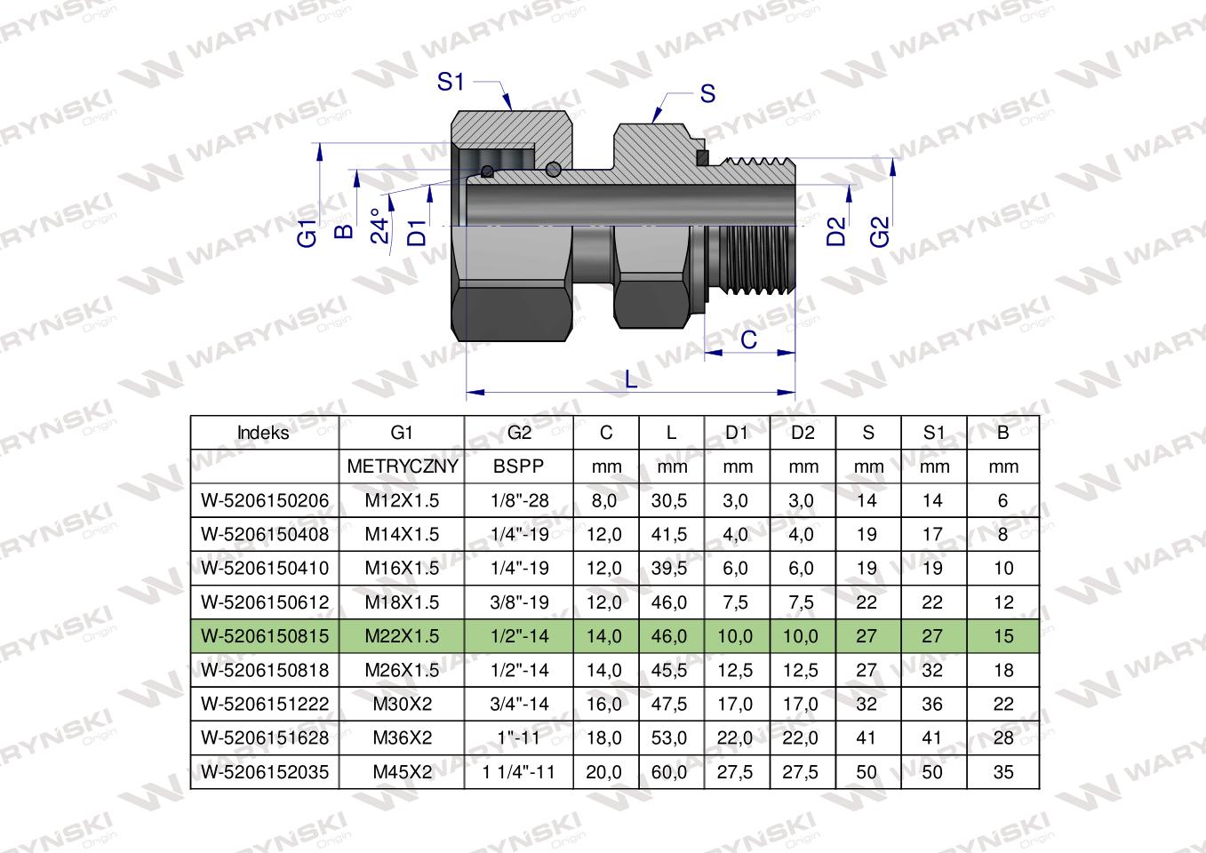 Przyłączka hydrauliczna AB (EVGE) M22x1.5 15L x 1/2" BSP ED Waryński ( sprzedawane po 2 )