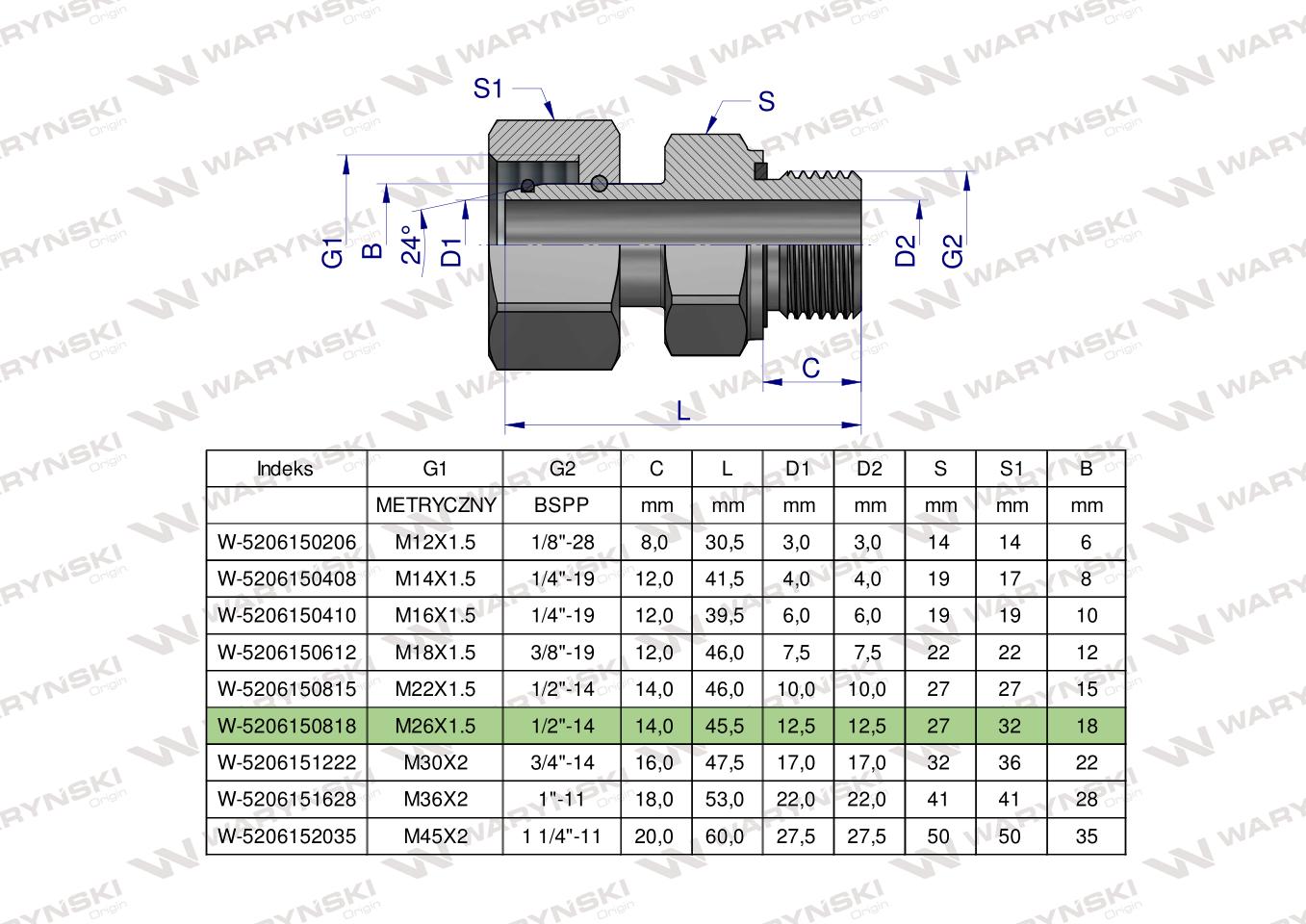 Przyłączka hydrauliczna AB (EVGE) M26x1.5 18L x 1/2" BSP ED Waryński