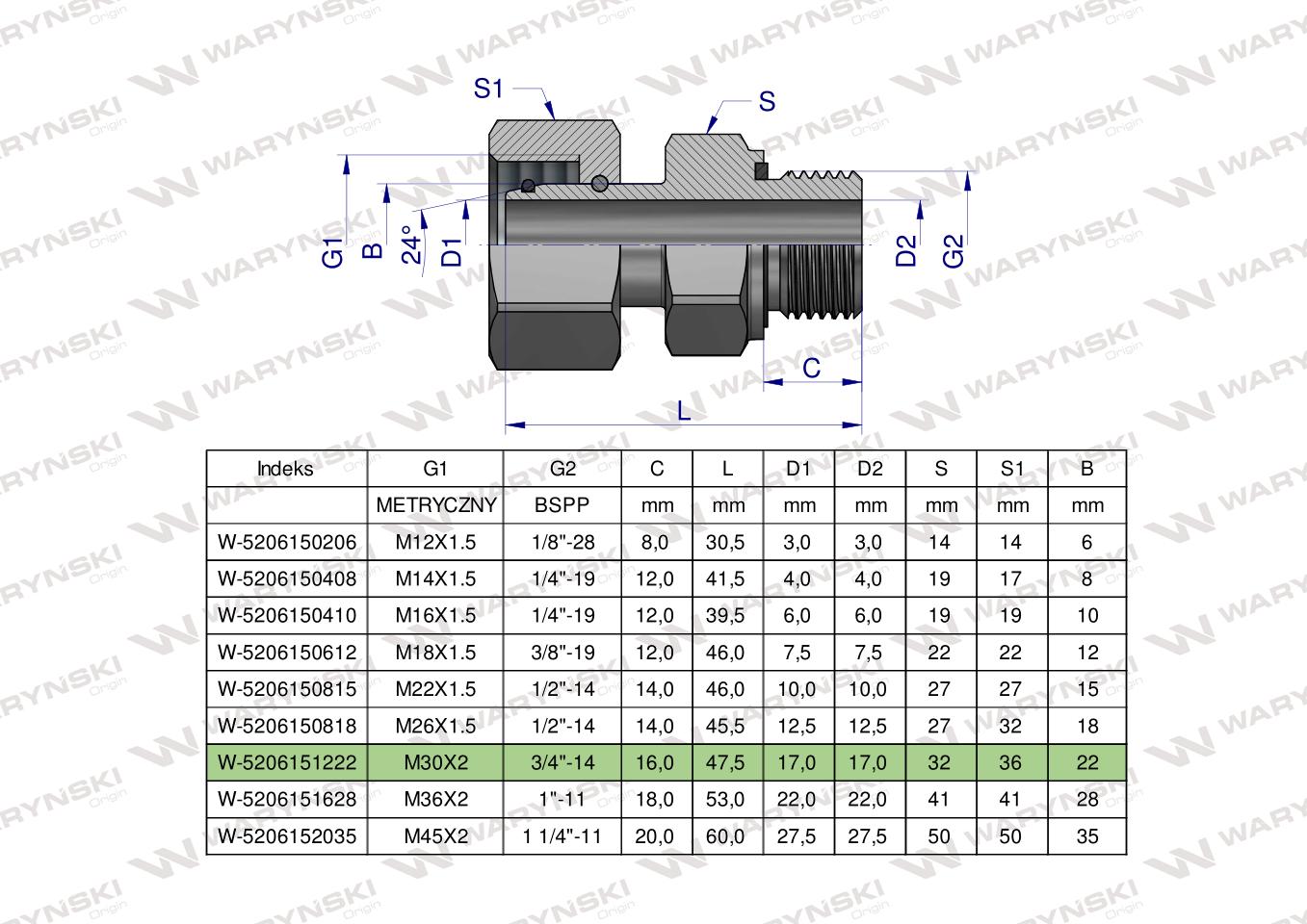 Przyłączka hydrauliczna AB (EVGE) M30x2 22L x 3/4" BSP ED Waryński