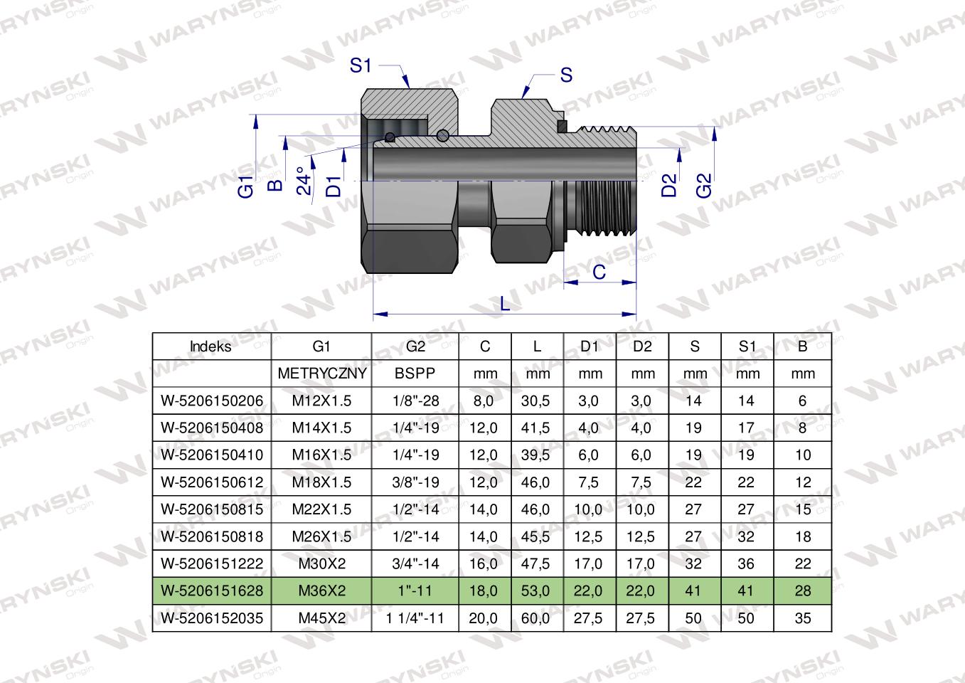 Przyłączka hydrauliczna AB (EVGE) M36x2 28L x 1" BSP ED Waryński