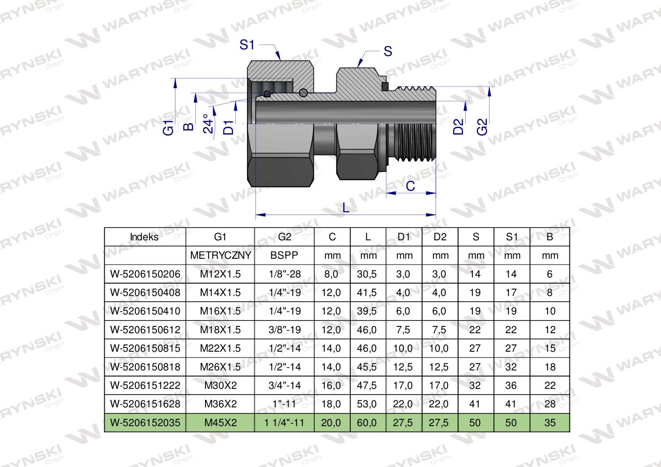 Przyłączka hydrauliczna AB (EVGE) M45x2 35L x 1 1/4" BSP ED Waryński