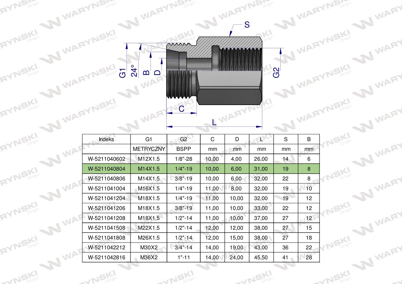 Tulejka różnicowa hydrauliczna AB M14x1.5 08L GZ x 1/4" BSP GW Waryński ( sprzedawane po 2 )