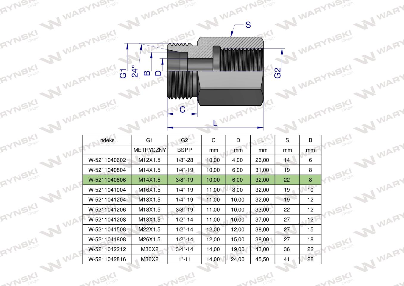 Tulejka różnicowa hydrauliczna AB M14x1.5 08L GZ x 3/8" BSP GW Waryński ( sprzedawane po 2 )