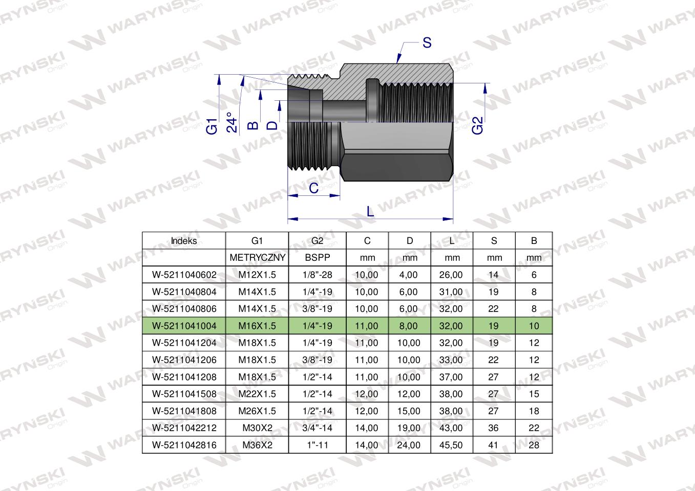 Tulejka różnicowa hydrauliczna AB M16x1.5 10L GZ x 1/4" BSP GW Waryński ( sprzedawane po 2 )