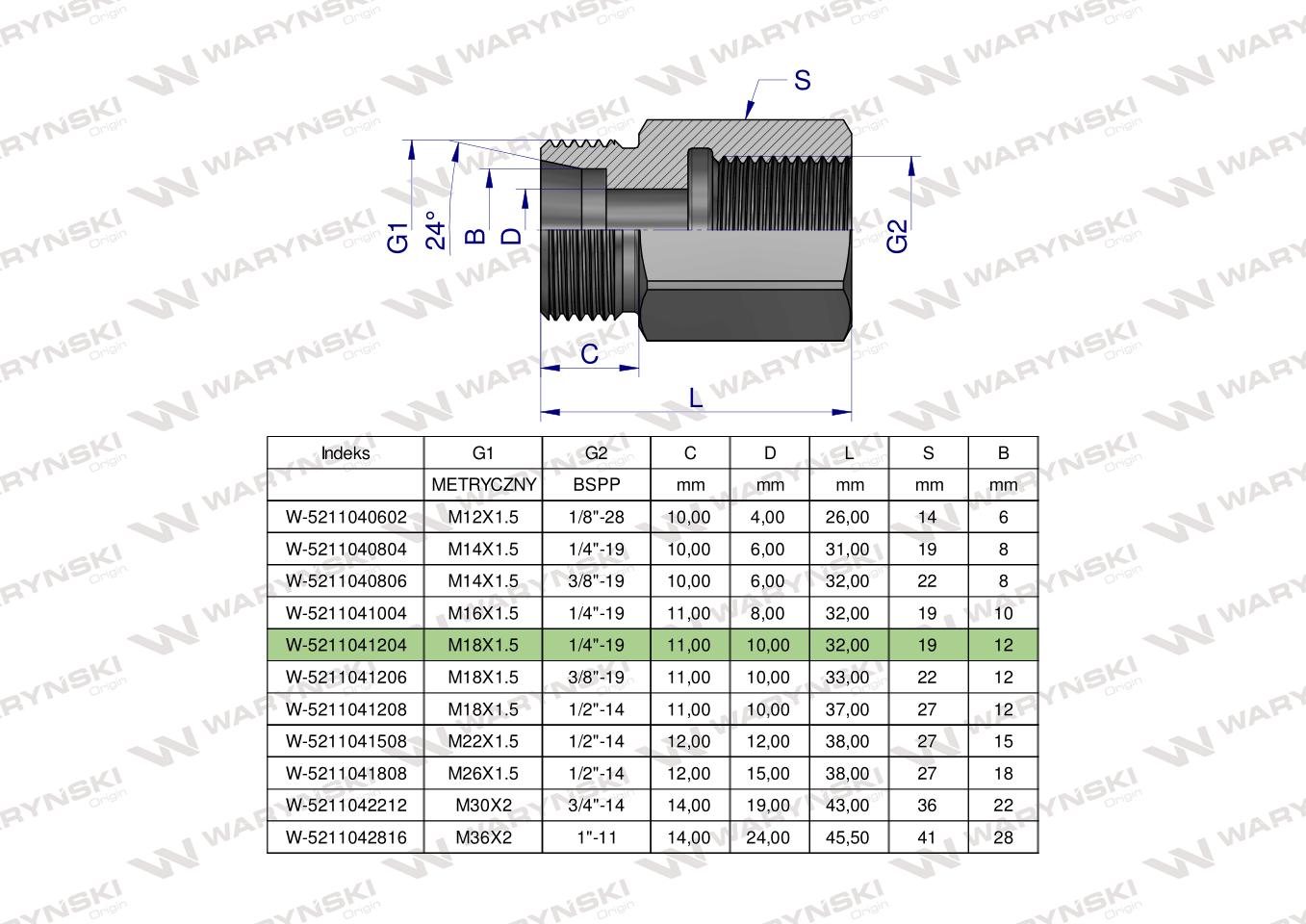 Tulejka różnicowa hydrauliczna AB M18x1.5 12L GZ x 1/4" BSP Waryński ( sprzedawane po 2 )