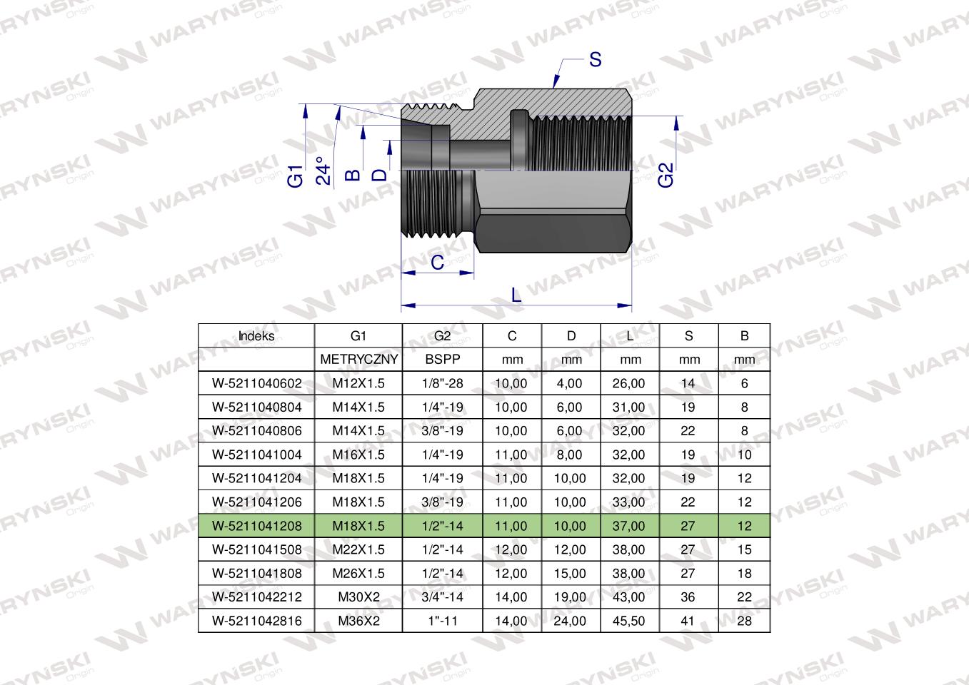 Tulejka różnicowa hydrauliczna AB M18x1.5 12L GZ x 1/2" BSP Waryński ( sprzedawane po 2 )