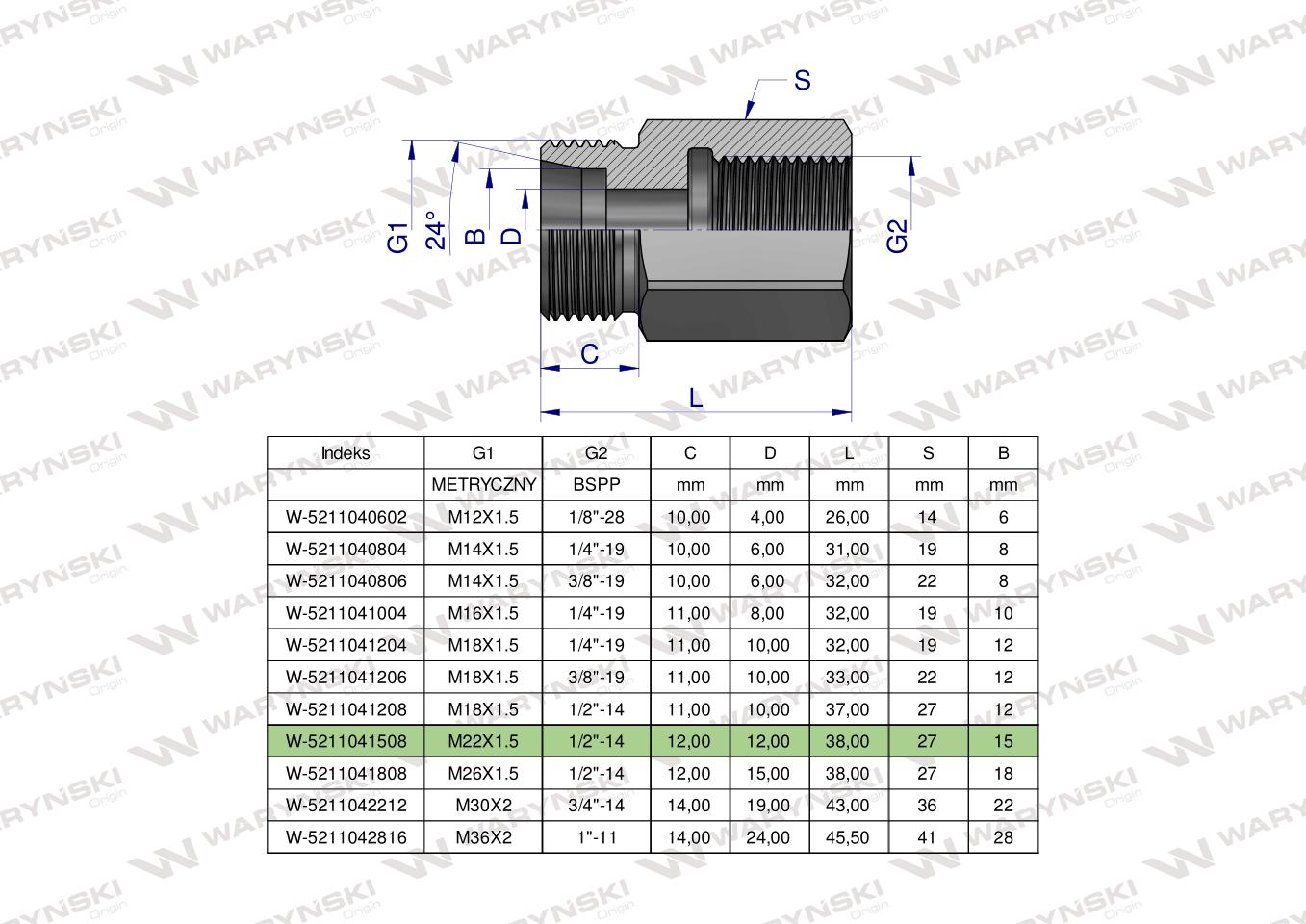 Tulejka różnicowa hydrauliczna AB M22x1.5 15L GZ x 1/2" BSP Waryński ( sprzedawane po 2 )