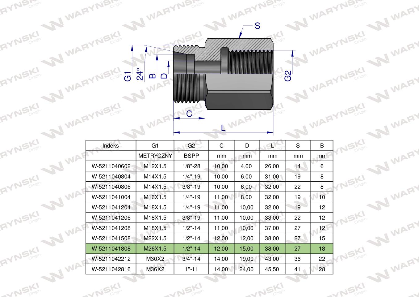 Tulejka różnicowa hydrauliczna AB M26x1.5 18L GZ x 1/2" BSP Waryński