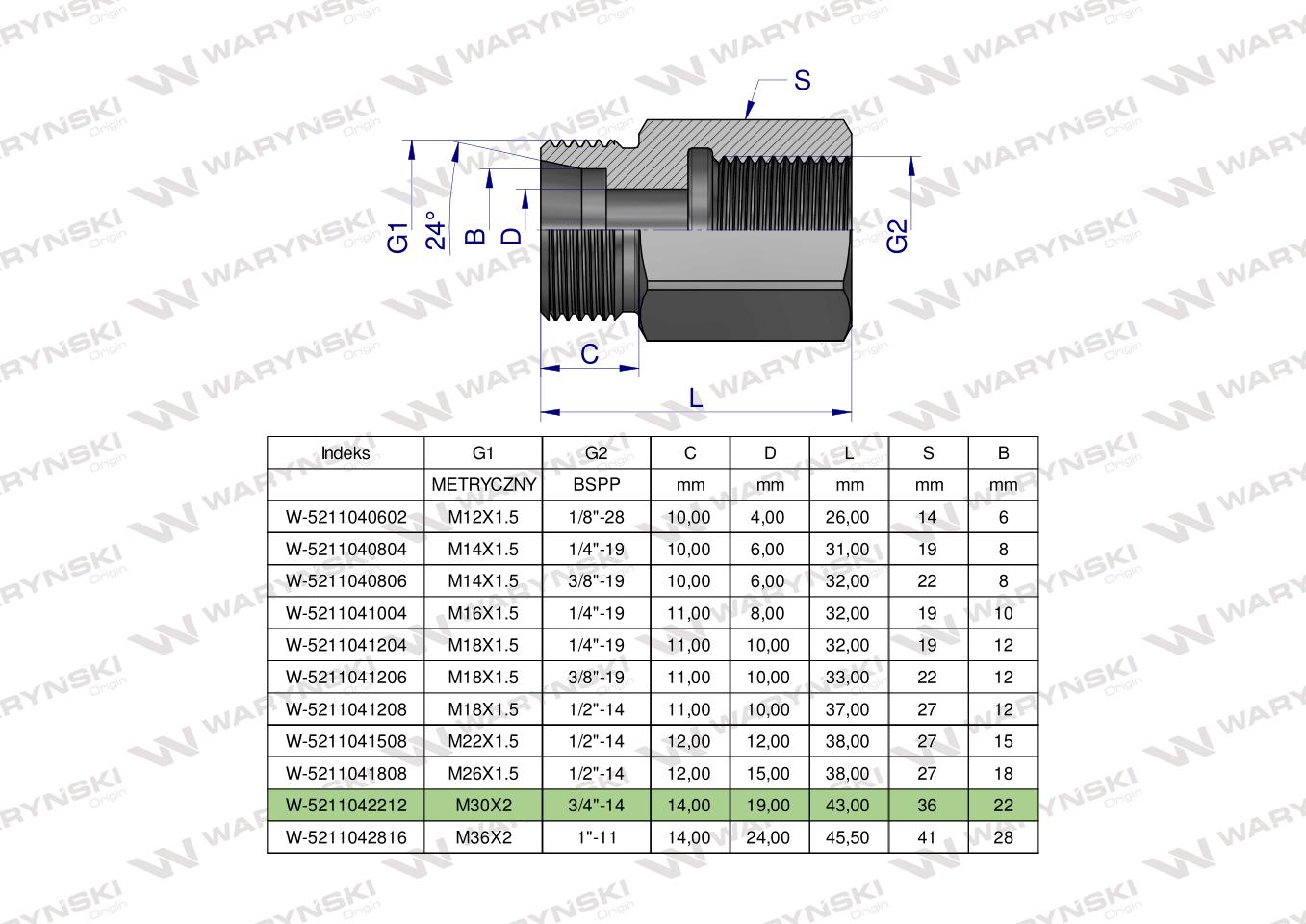 Tulejka różnicowa hydrauliczna AB M30x2 22L GZ x 3/4" BSP GW Waryński