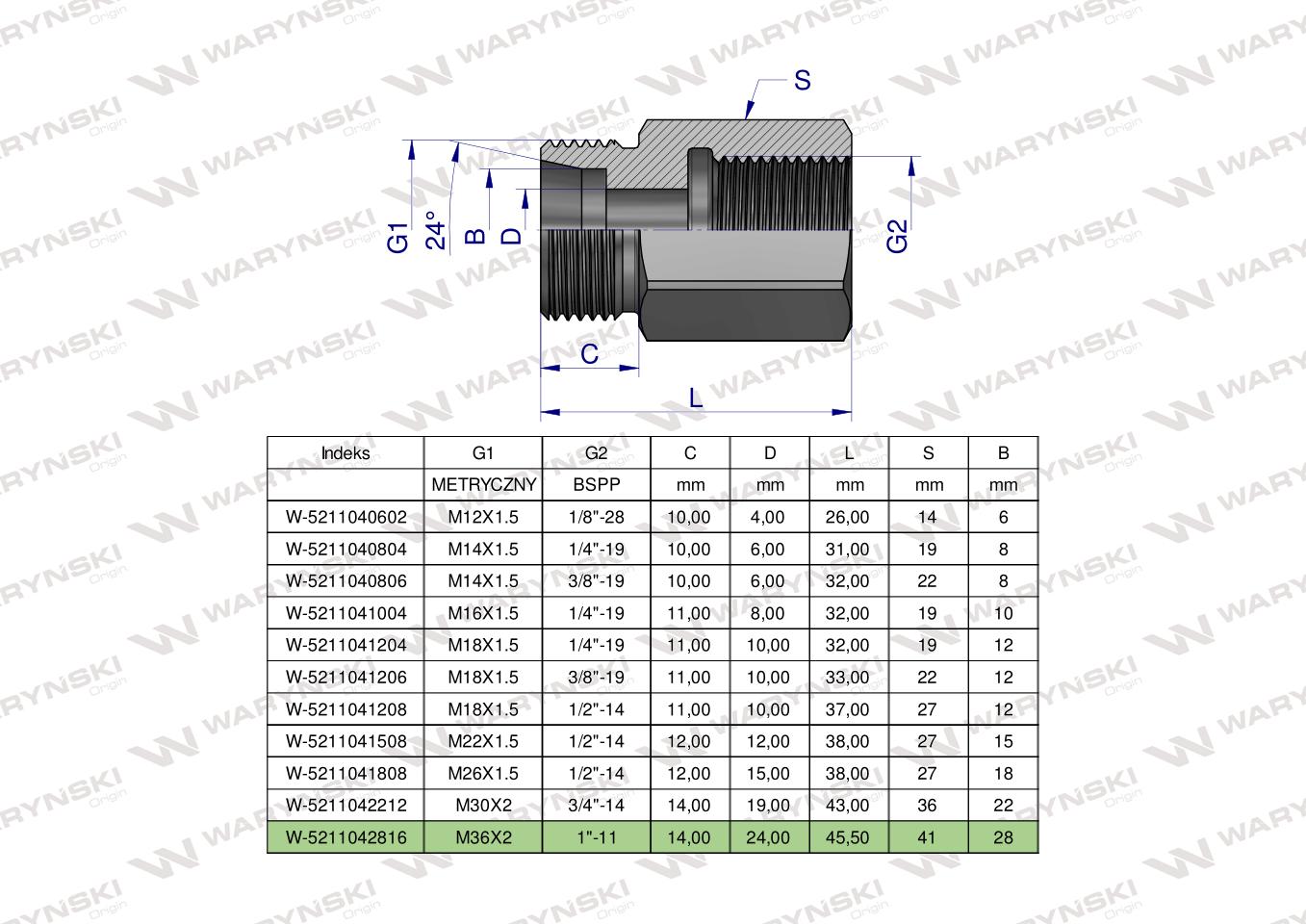Tulejka różnicowa hydrauliczna AB M36x2 28L GZ x 1" BSP GW Waryński