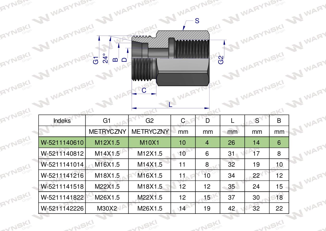 Tulejka różnicowa hydrauliczna metryczna AB M12x1.5 06L GZ x M10x1 GW Waryński ( sprzedawane po 2 )