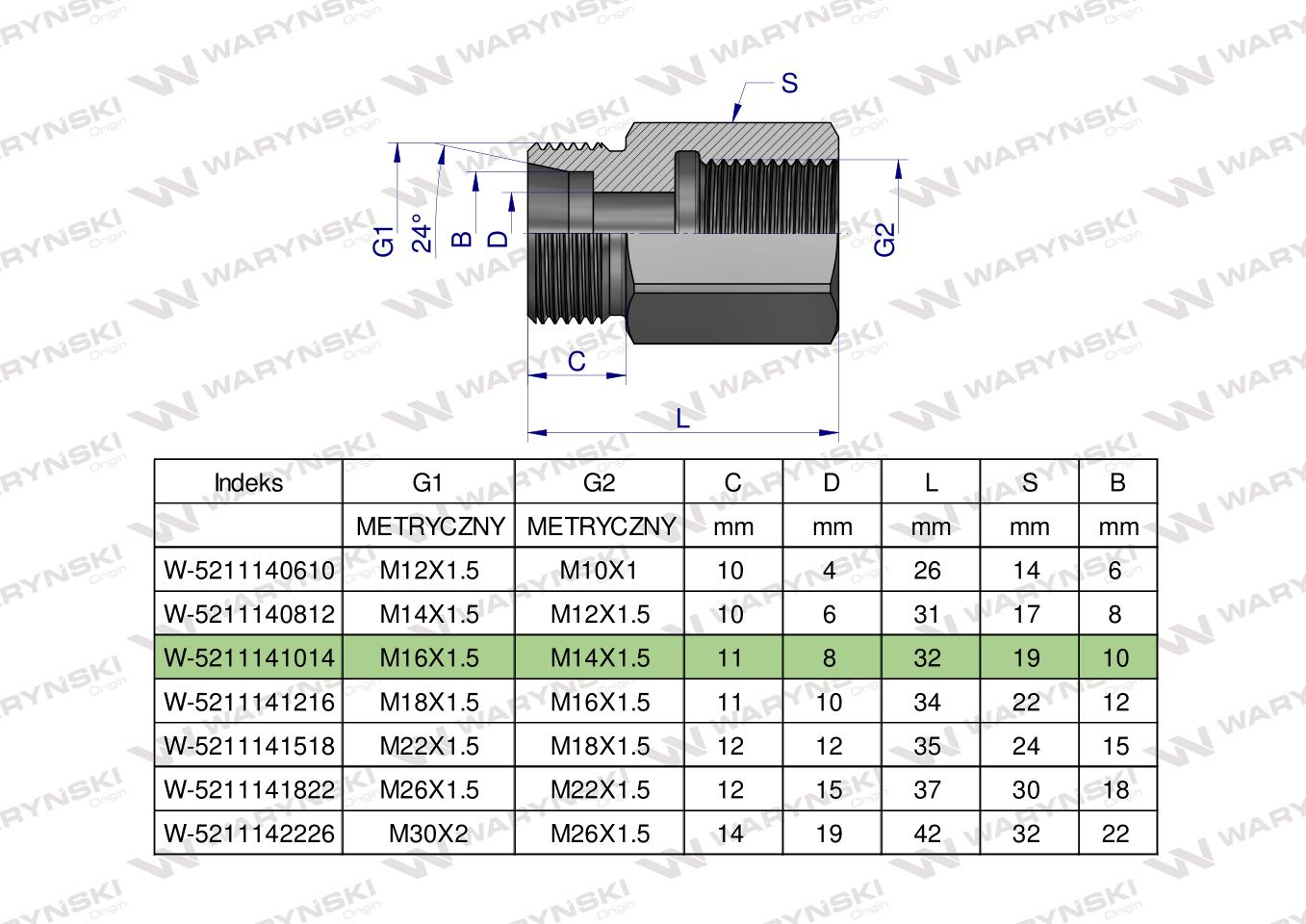 Tulejka różnicowa hydrauliczna metryczna AB M16x1.5 10L GZ x M14x1.5 GW Waryński ( sprzedawane po 2 )