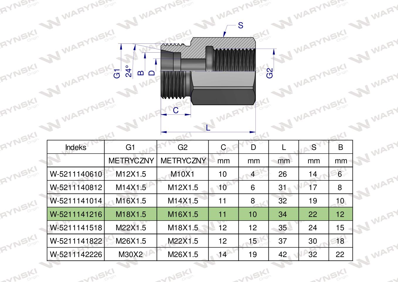 Tulejka różnicowa hydrauliczna metryczna AB M18x1.5 12L GZ x M16x1.5 GW Waryński ( sprzedawane po 2 )
