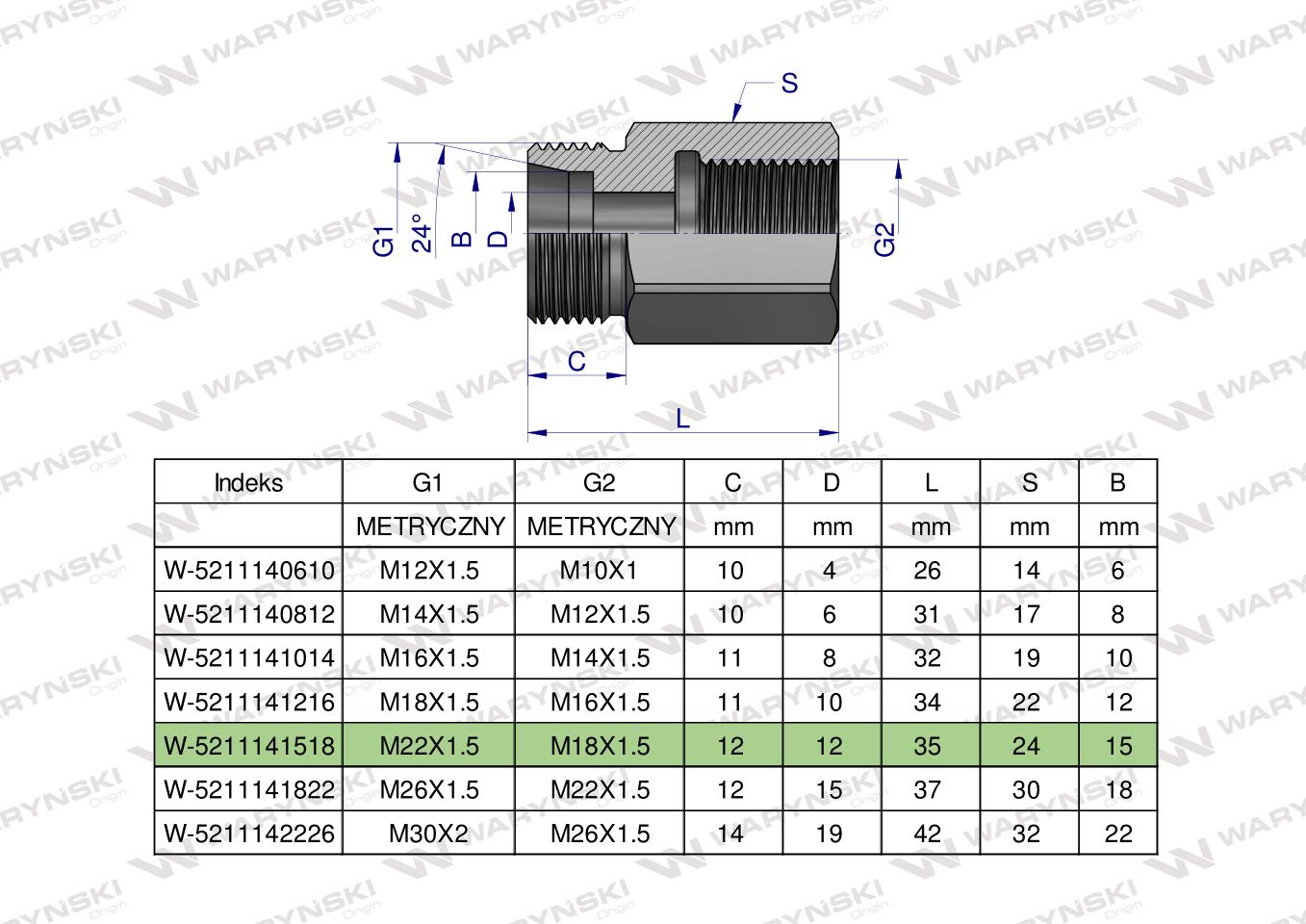 Tulejka różnicowa hydrauliczna metryczna AB M22x1.5 15L GZ x M18x1.5 GW Waryński ( sprzedawane po 2 )