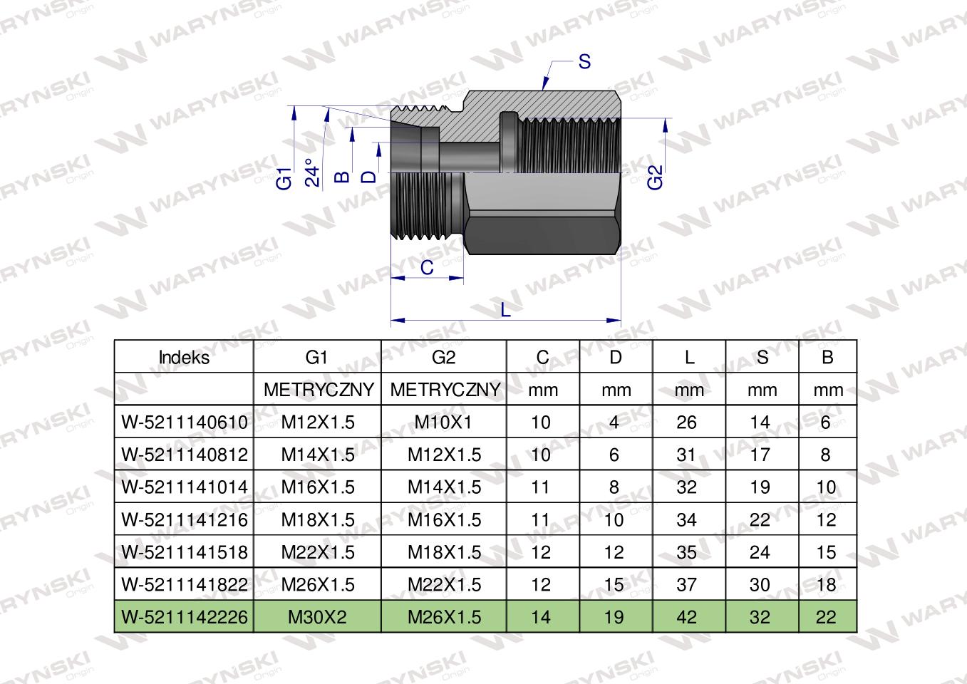 Tulejka różnicowa hydrauliczna metryczna AB 30x2 22L GZ x M26x1.5 GW Waryński