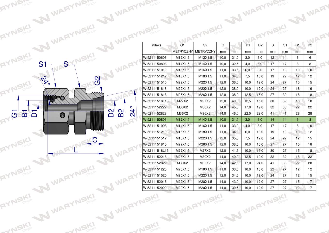 Złączka hydrauliczna metryczna AB (XKOR) A-M12x1.5 06L / B-M14x1.5 08L Waryński ( sprzedawane po 2 )